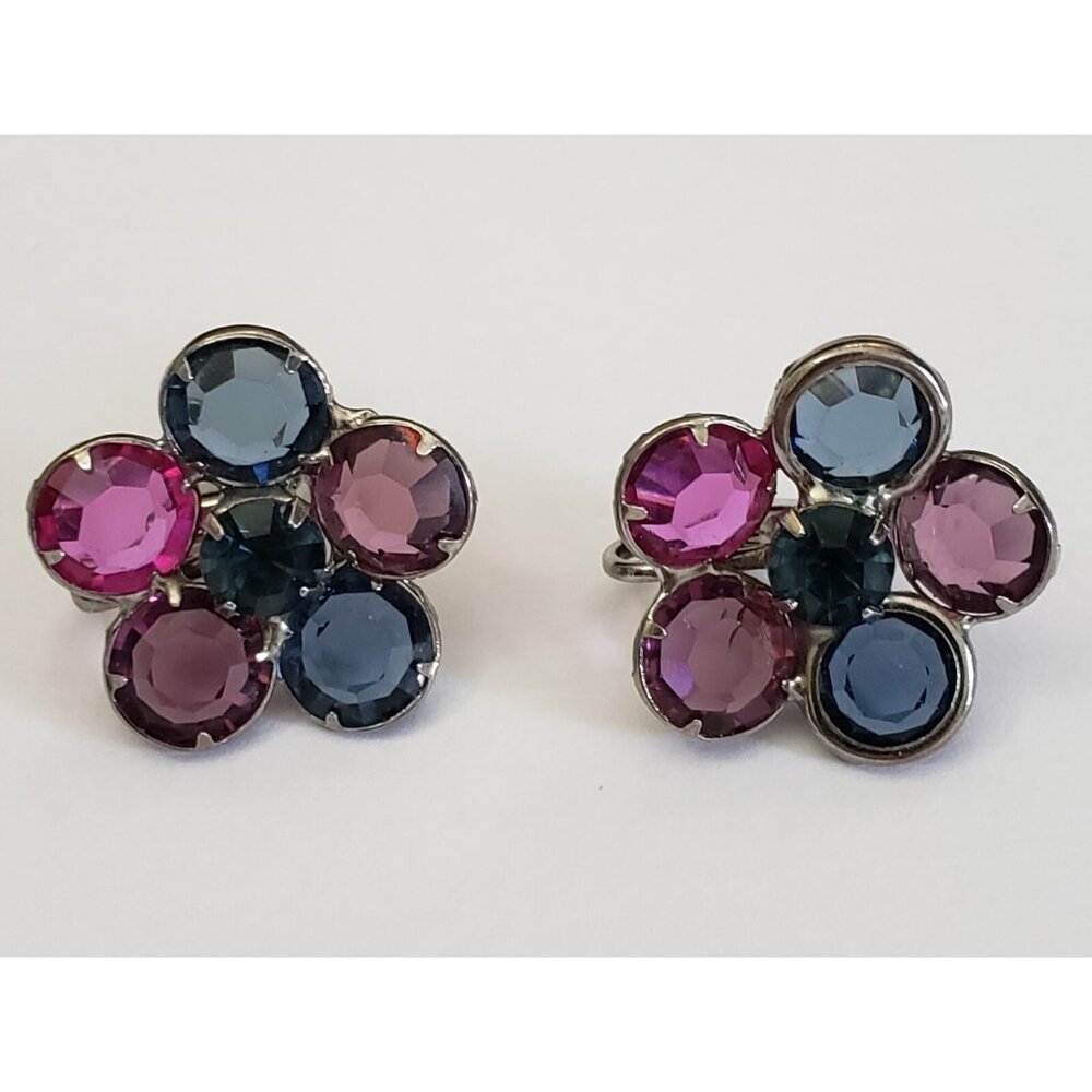 1 Pair Screw Back Earrings 1 in Multiple Colors Rhinestones Silver Tone Vintage